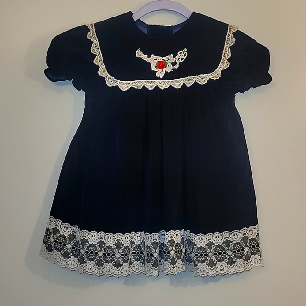 Cutest One Toddler Girls Christmas Holiday Dress dark blue velvet lace LOT-G